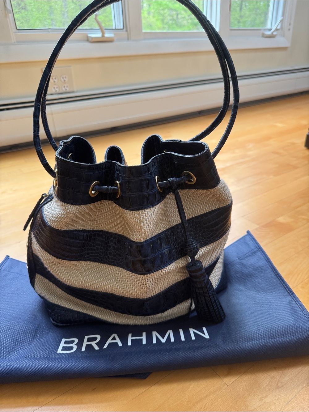 Brahmin Navy & Natural Woven Stripe Drawstring Shoulder Bag w-tassel. Excellent